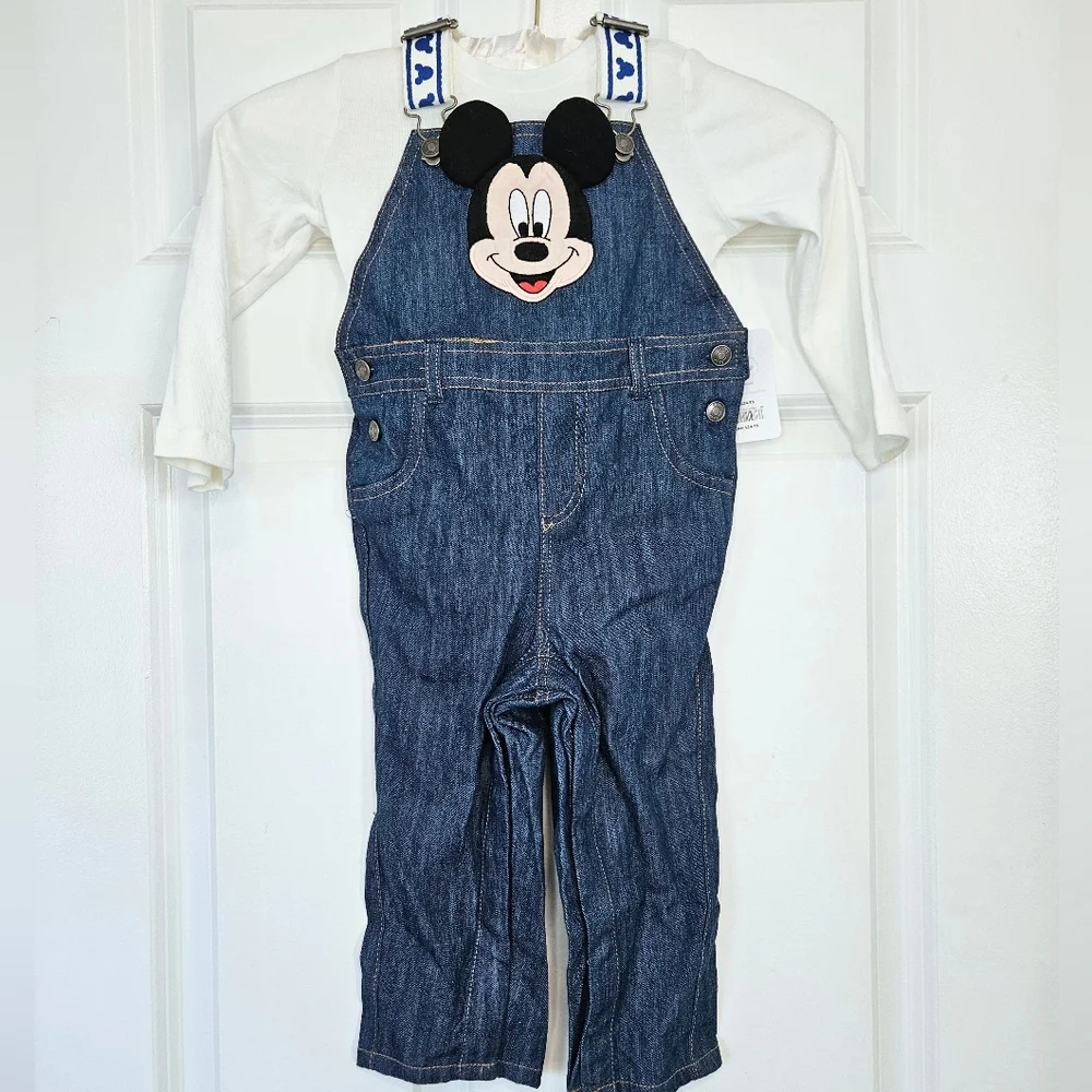 Disney Mickey Mouse Blue Denim Overalls + Shirt Baby Kids New 18-24M